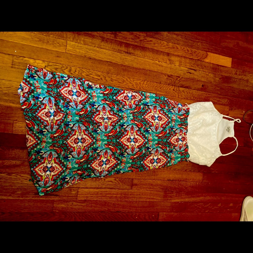 Elegant White Lace Maxi Dress with Vibrant Pattern